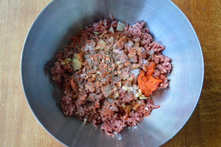 Balkan burger beginnings: raw ground beef with chopped onions, spices, and ajvar