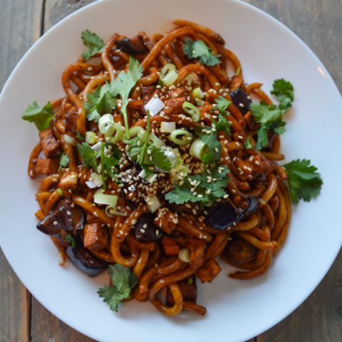 Close up of udon noodles with miso roasted eggplant on a white plate