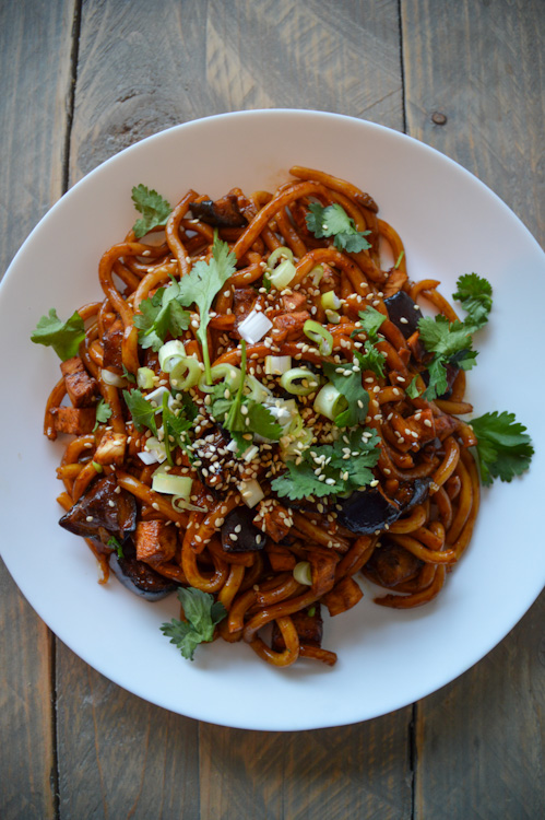 Plated yaki udon: udon noodles with miso roasted eggplant on a white plate topped with cilantro, green onions, and sesame seeds