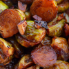 Close up of miso maple roasted brussels sprouts and garlic