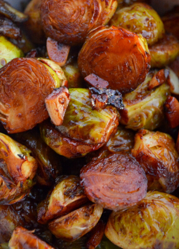 Close up of miso maple roasted brussels sprouts and garlic