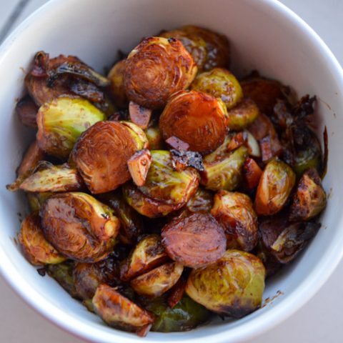 Spicy miso maple roasted brussels sprouts in a bowl