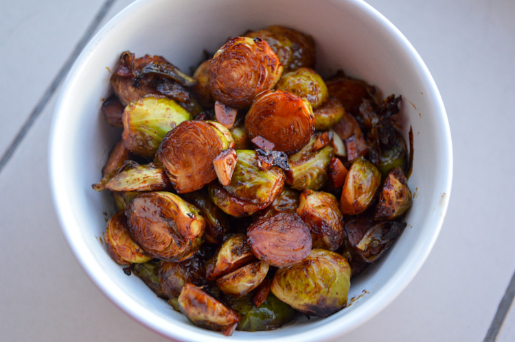 Spicy miso maple roasted brussels sprouts in a bowl