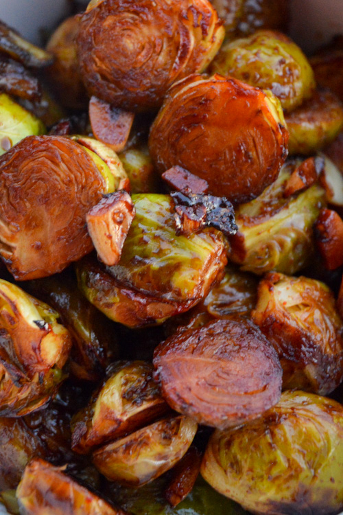 Close up of miso maple roasted brussels sprouts