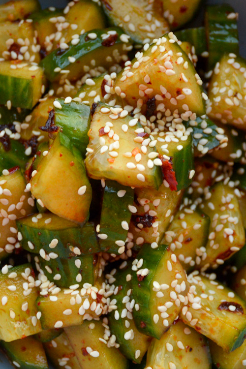 Close up of cucumbers with sesame seeds