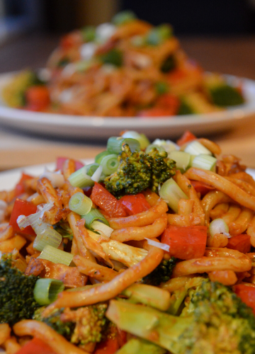 Two plates of veggie udon noodles, one in focus in front and another blurred in the back