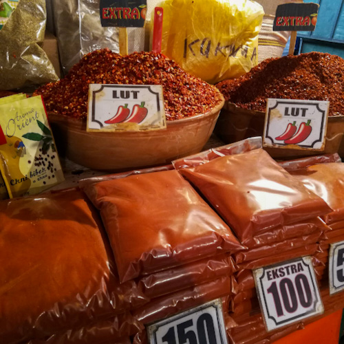 Piles and bags of paprika at the Bit Pazar market in Skope