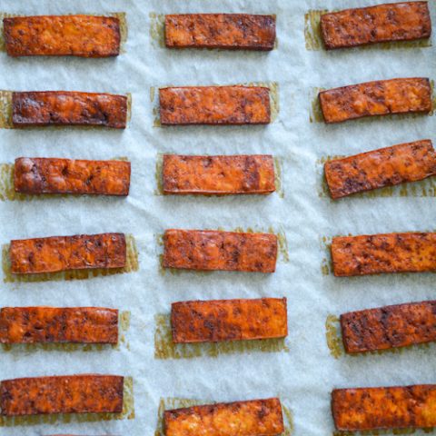 Asian baked tofu on a baking sheet