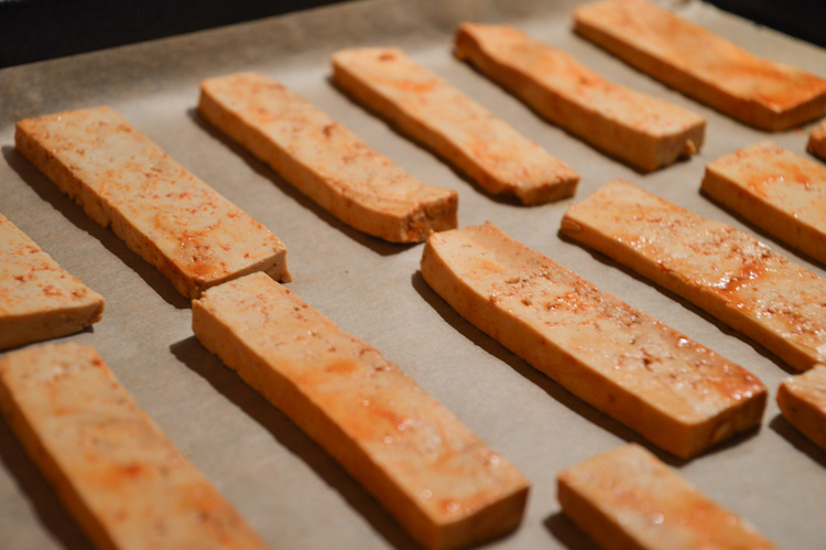 Gochujang tofu on a baking sheet