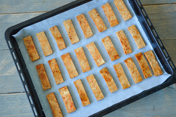 Asian baked tofu on a baking sheet (uncooked)