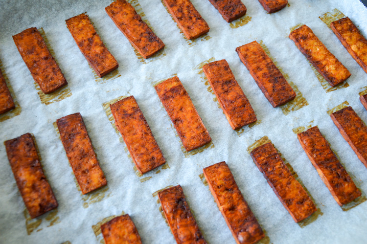 Gochujang tofu (cooked) on a baking sheet