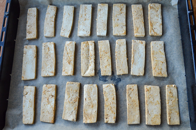 Miso tofu on a baking sheet