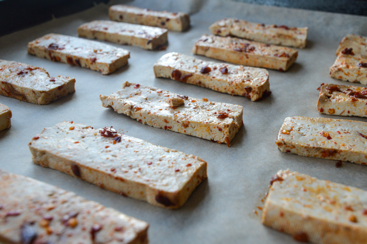 Sichuan tofu on a baking sheet