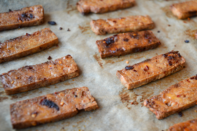 Asian baked tofu - the Sichuan variety - on a baking sheet