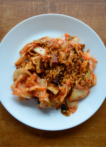 Gochujang fried rice with kimchi on a plate