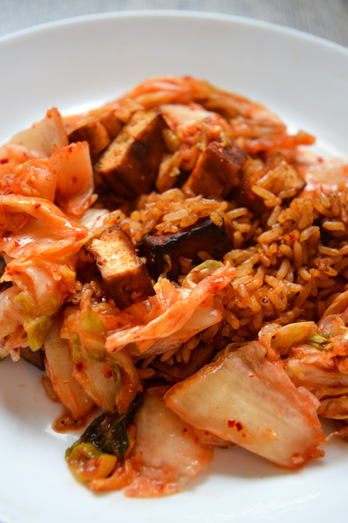 Close up of gochujang fried rice with lots of kimchi and tofu