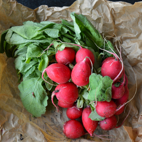 A bunch of radishes with their tops (and some dirt!) laying on top of a brown paper bag