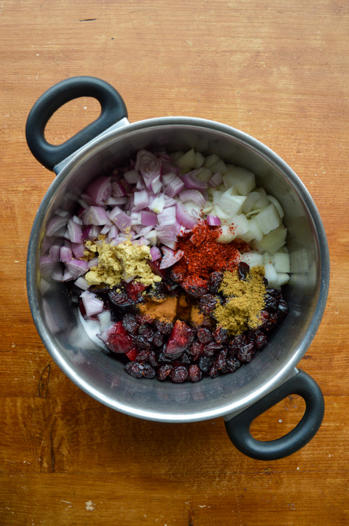 A metal pot with black handles containing: onions, dried cranberries, and a whole bunch of spices. There are also plums hiding under there since this is a recipe for plum chutney!