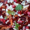 Very close shot of a beetroot salad with feta, carrots, pomegranate seeds, and parsley