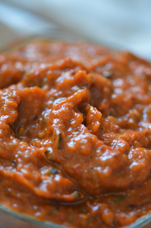 Super close up of a roasted red pepper and zucchini spread called ajvar