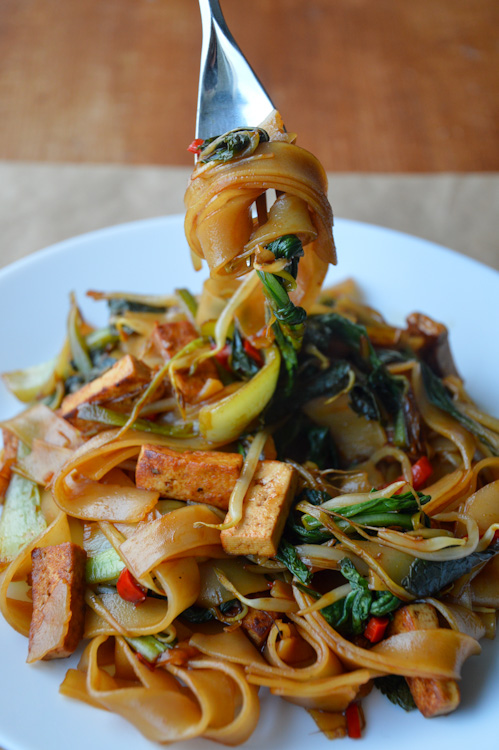 A plate of vegetarian drunken noodles with tofu and bok choy - a fork is holding a tasty bite