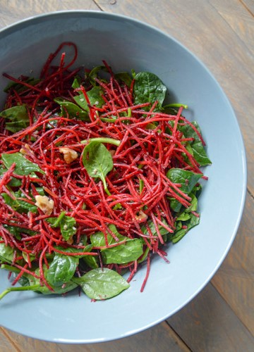 A bowl of beet salad with maple lime dressing (and spinach and walnuts!)