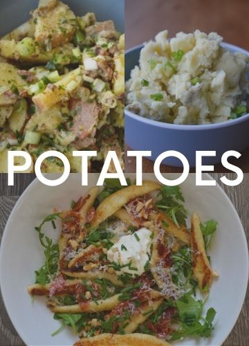 3 pictures of recipes with potatoes; text overlay: potatoes