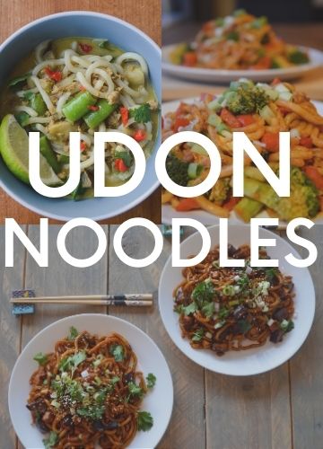 3 pictures of recipes with udon noodles; text overlay: udon noodles