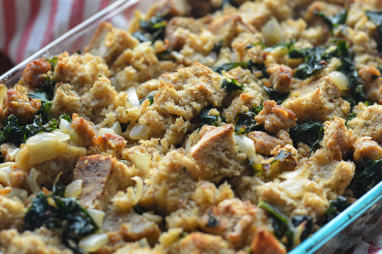 Glass baking dish of kale sausage stuffing