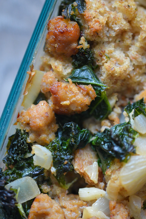 Close up of sausage and kale in holiday stuffing